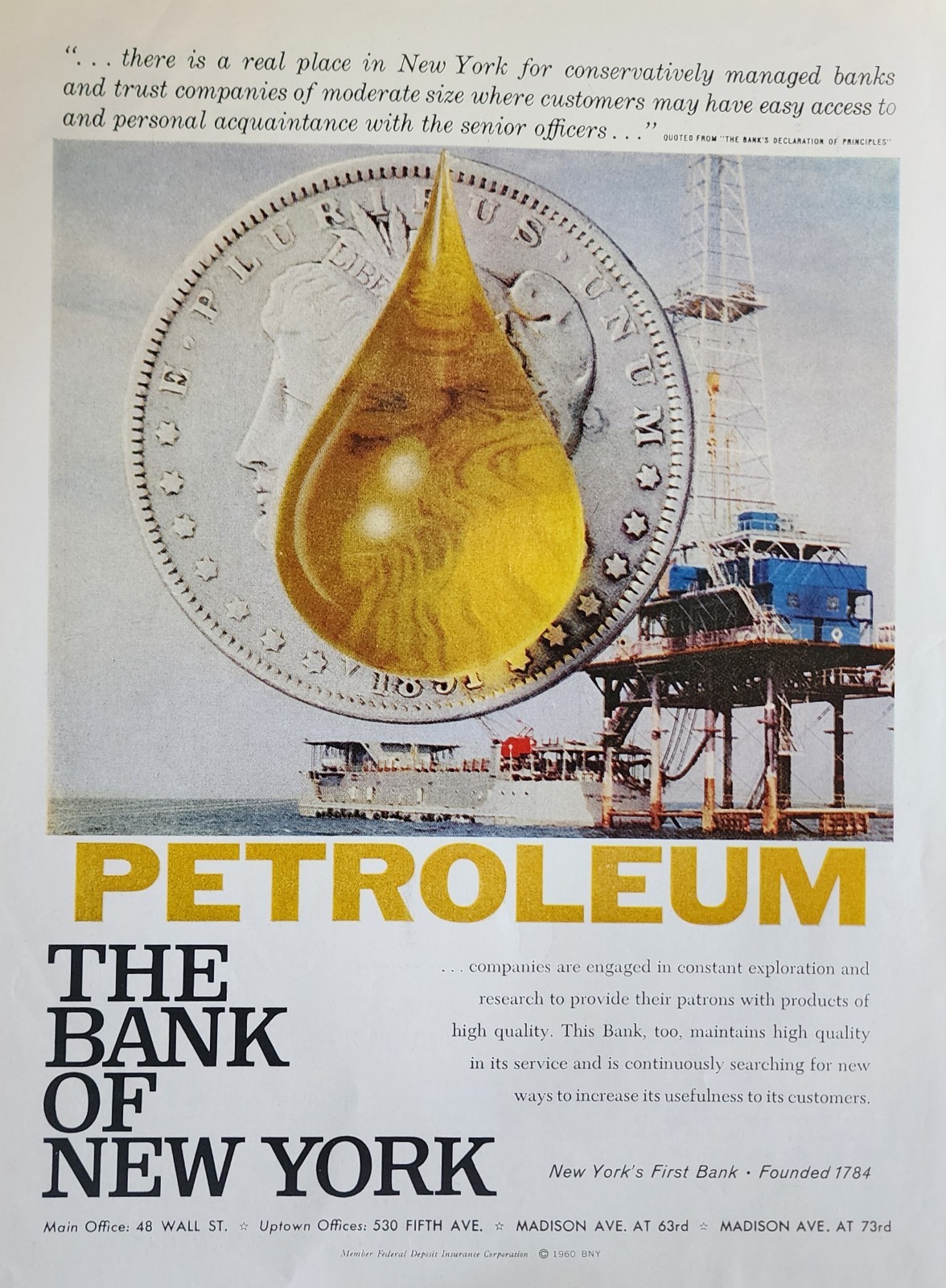 Bank of New York Petroleum Oil Rig Picture Magazine Ad Vintage Original Decor