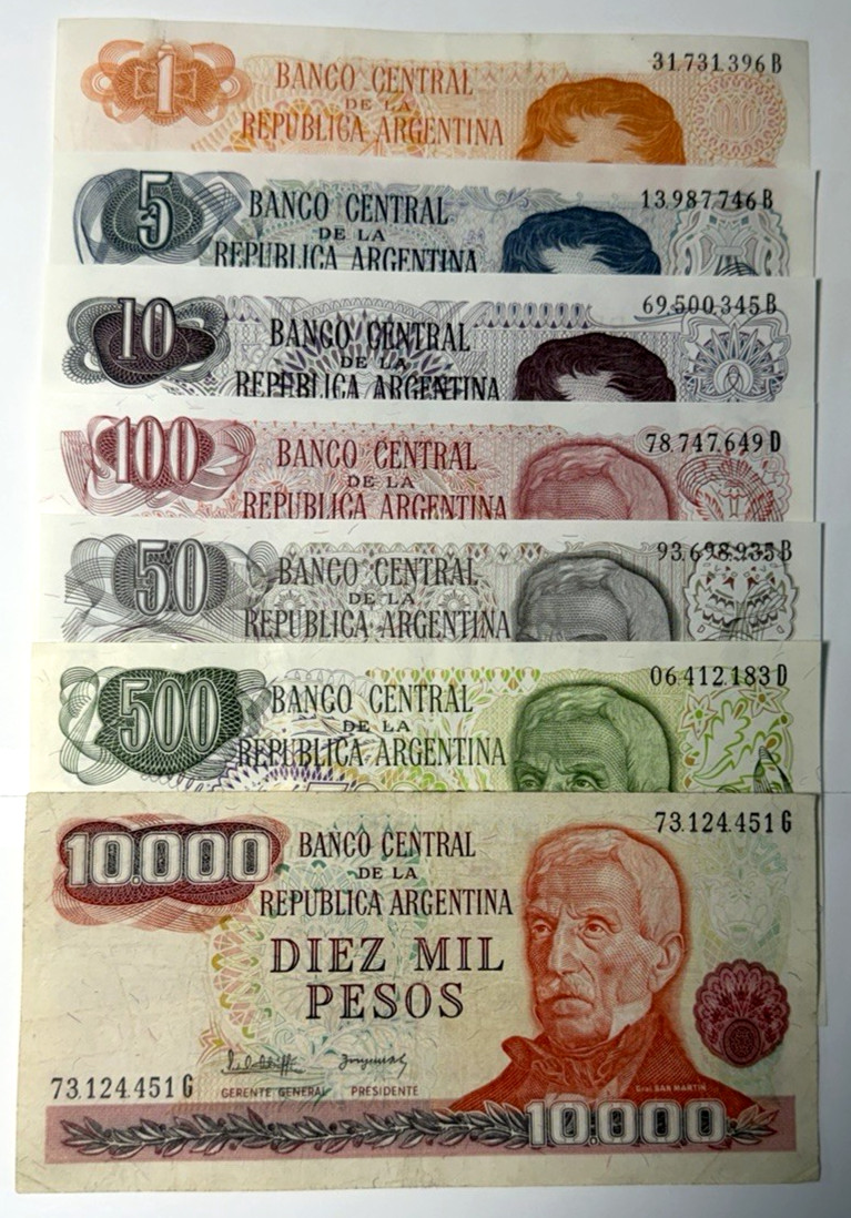 Argentina 1 - 10,000 1980s - 1990s Pesos 7 Note Collectors Set