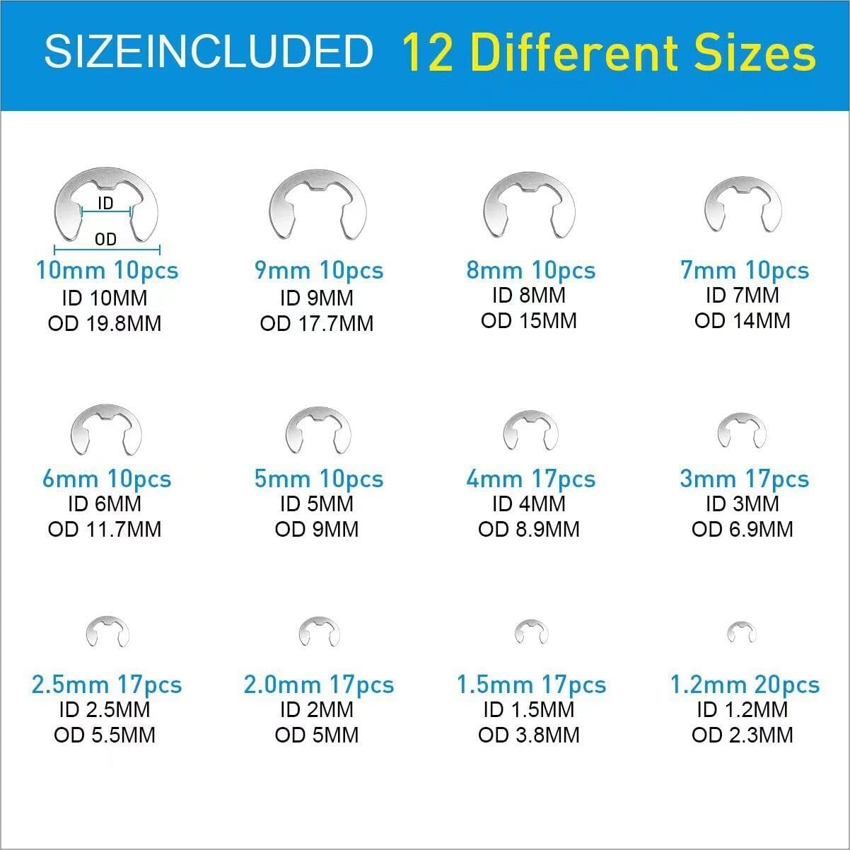 327Pcs Stainless Steel E-Clip C-Clips Circlip Kit Retaining Ring Assortment Set
