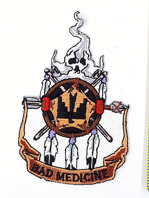 Bad Medicine - Feathers, Buffalo Shield Iron On Sew On Patch 2 1/2"X4"