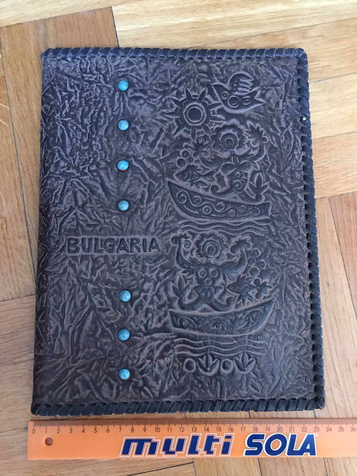 1940’s Vintage  “Bulgaria” tooled leather folder/ portfolio Pottery stone
