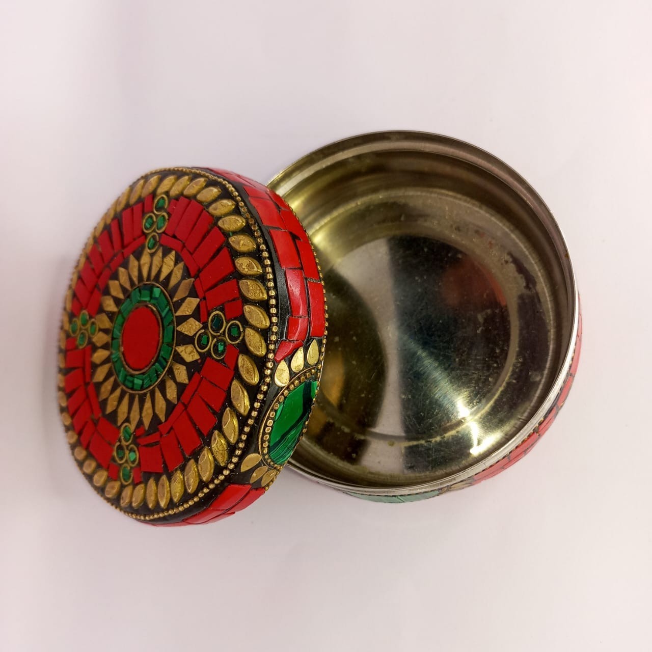 Vintage Mosaic Trinket Box Red Green Gold Ethnic Jewelry Storage Case
