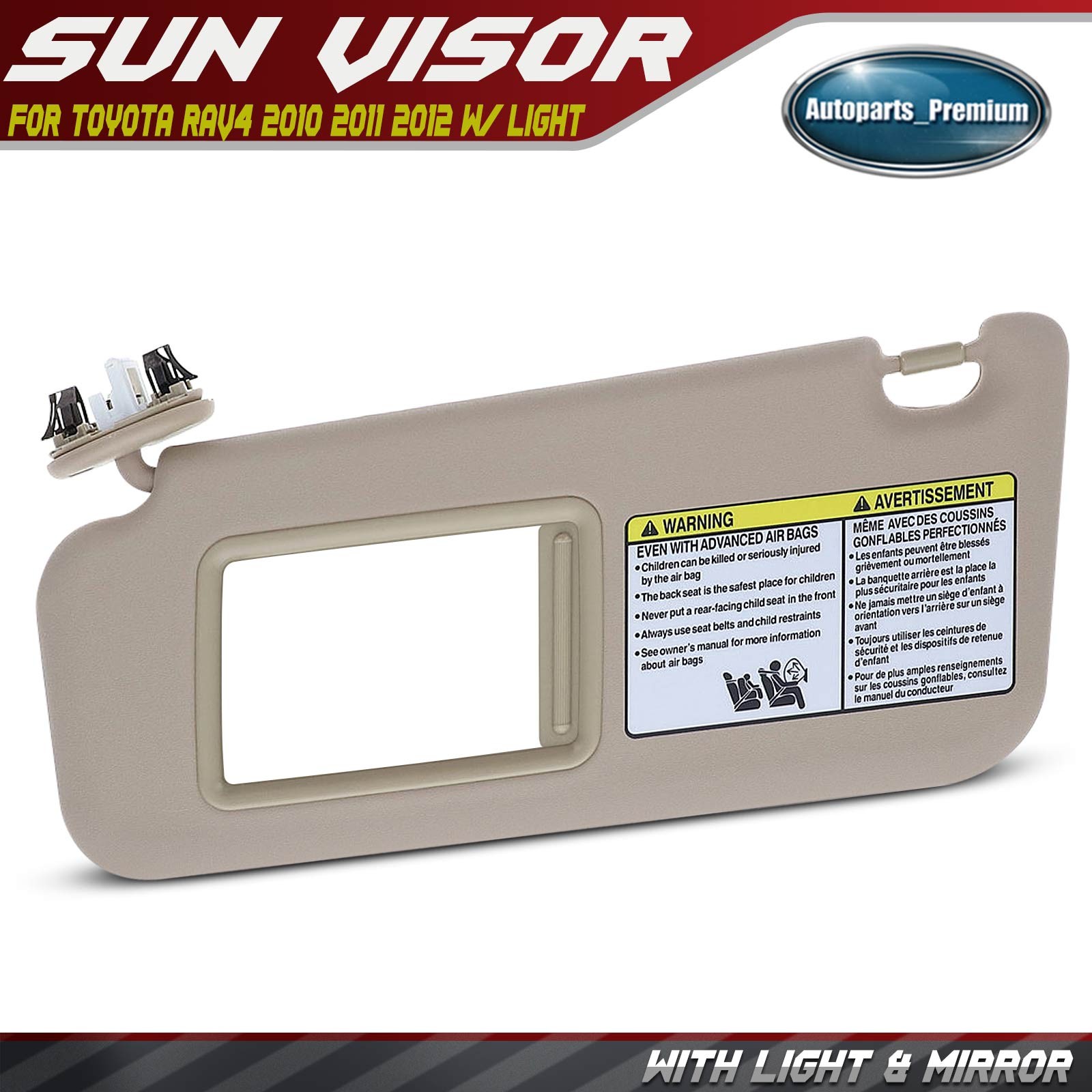 Beige Driver Side Sun Visor w/ Extender & Mirror for Toyota RAV4 2010 2011 2012