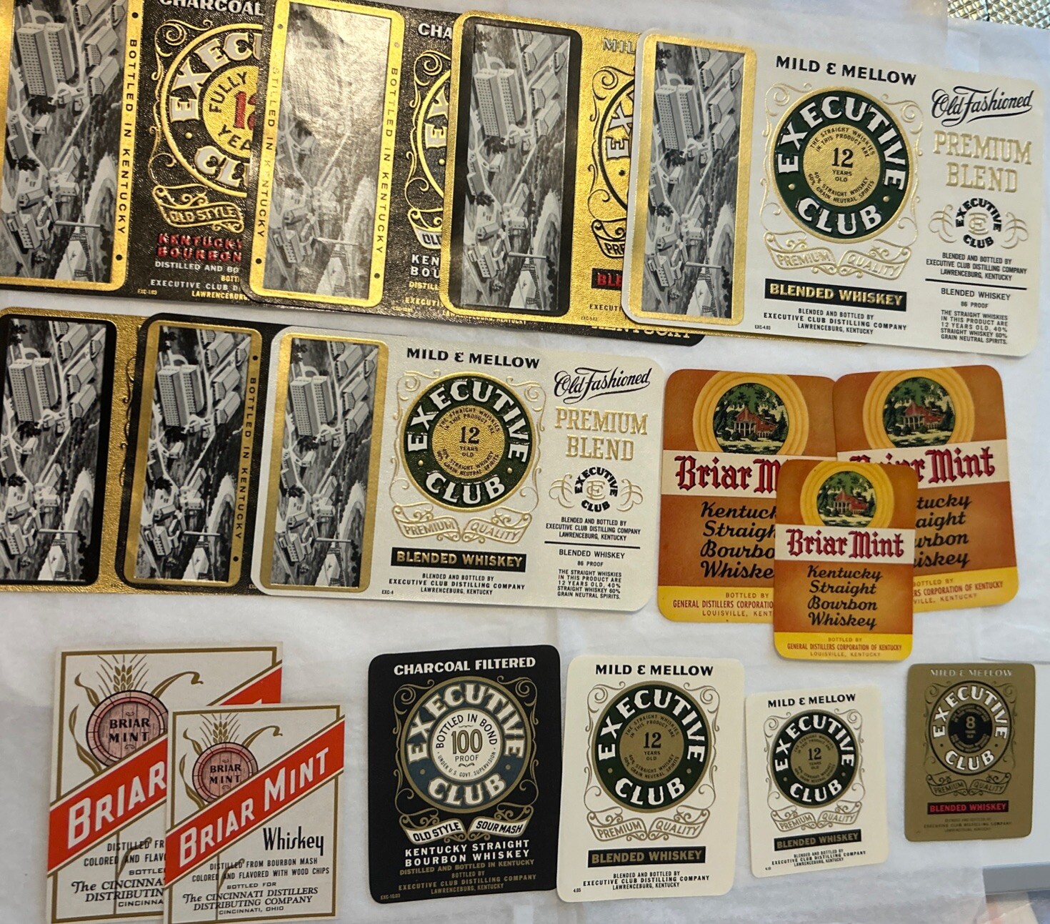 Lot of 16 Assorted Whiskey Labels: Executive Club & Briar Mint