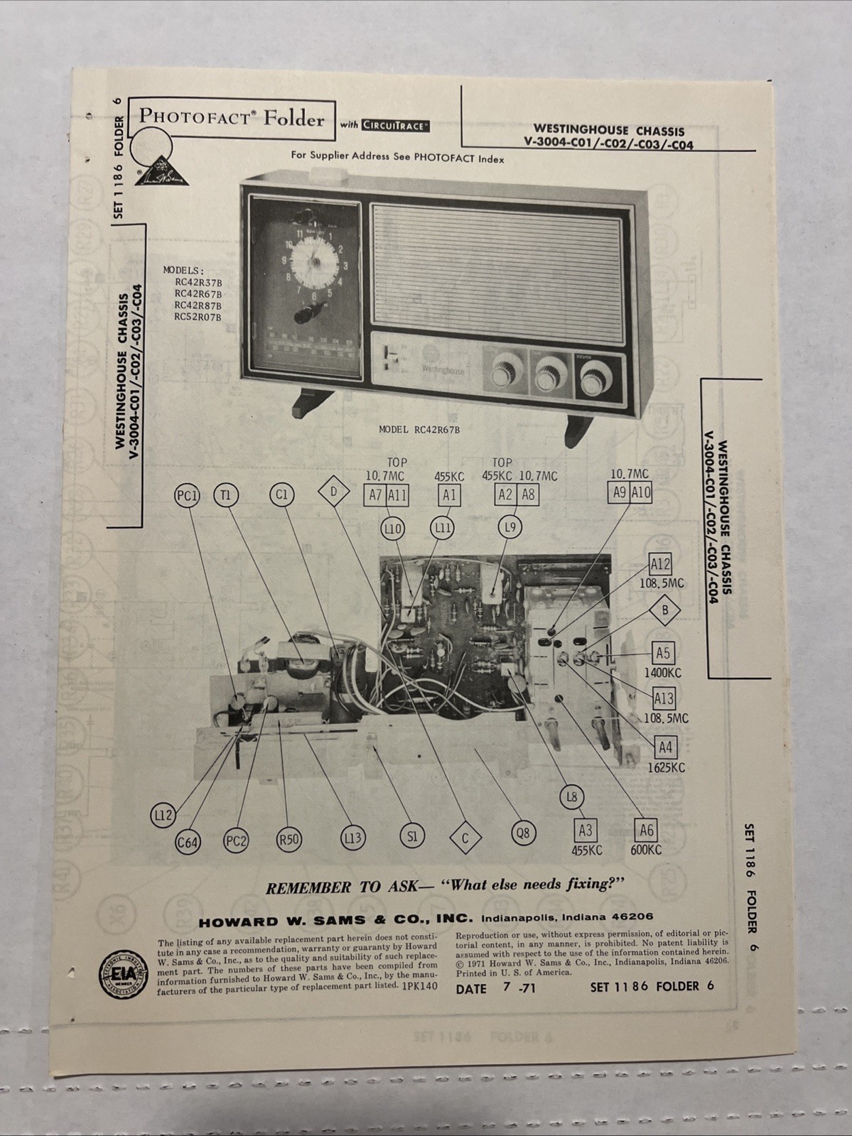 Vintage Sams Photofact Schematic 12-1973 WESTINGHOUSE CHASSIS V-3004-