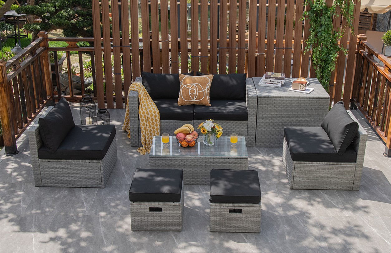 8PCS Patio Furniture Set Space-Saving Conversation Set w/ Waterproof Cover