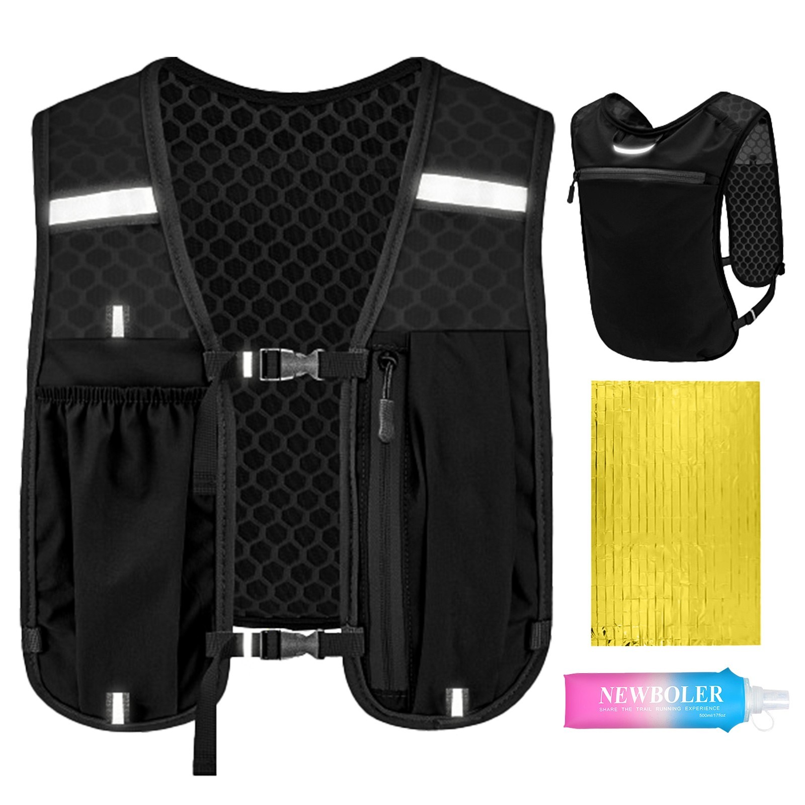 Running Hydration Vest Backpack 500ml Soft Flask Emergency Blanket Reflective