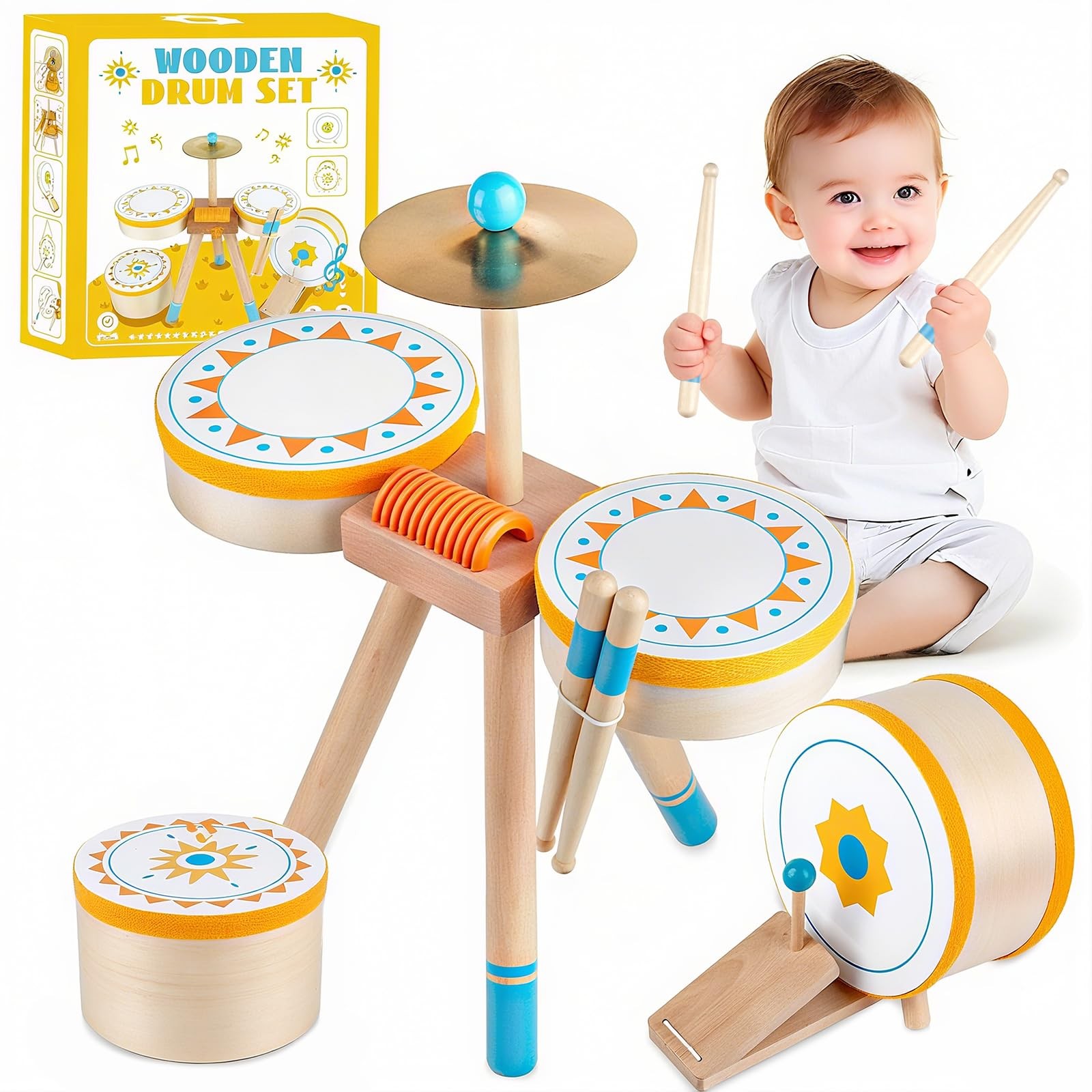 Toddlers Drum Set Toy for 1 2 3 Years Old ,Kids Wooden Jazz Drum for Toddlers Mo