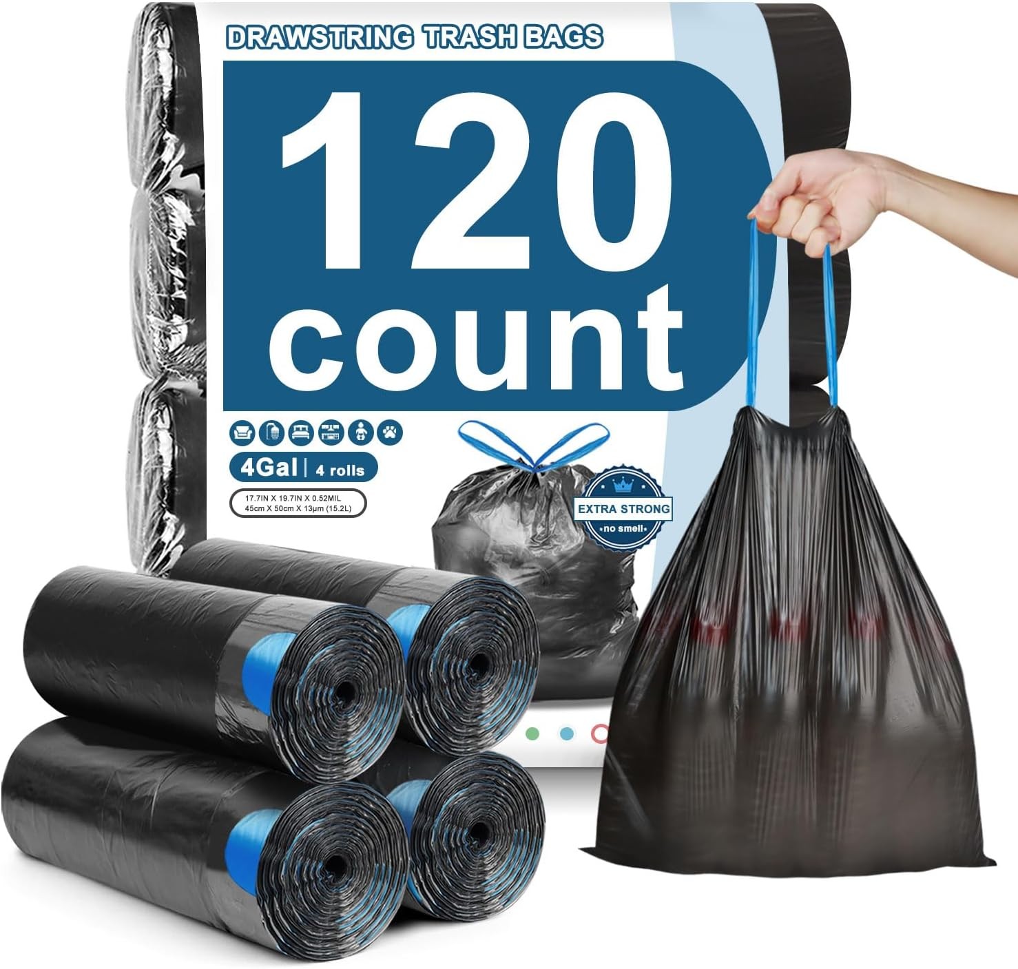 Trash Bags Dstring,  Tear-Small Trash Bags, Bla Unscented