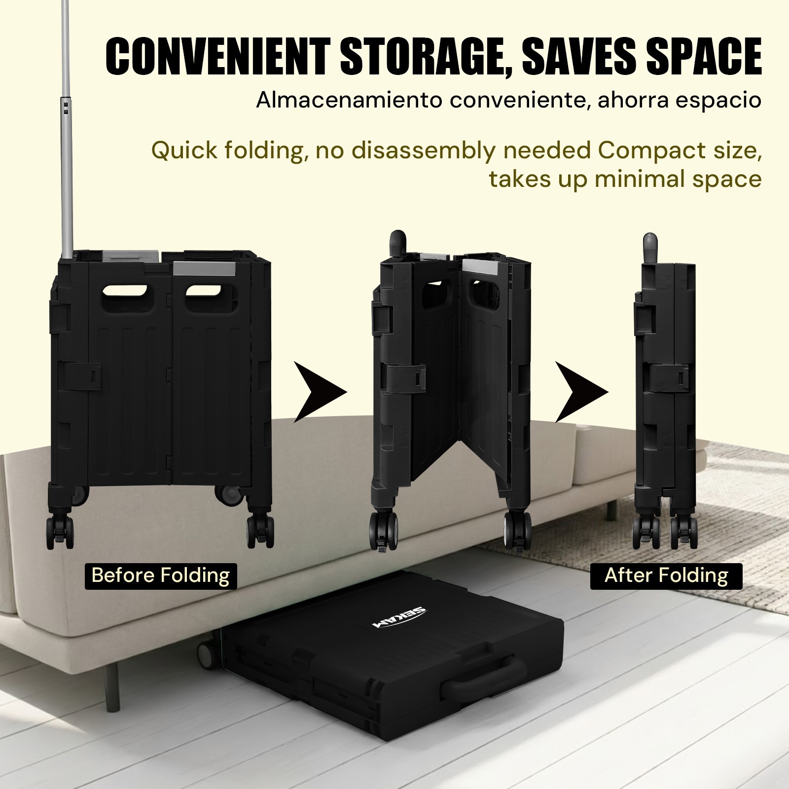 Foldable Rolling Crate with Lid & Telescopic Handle Portable Utility Cart Black