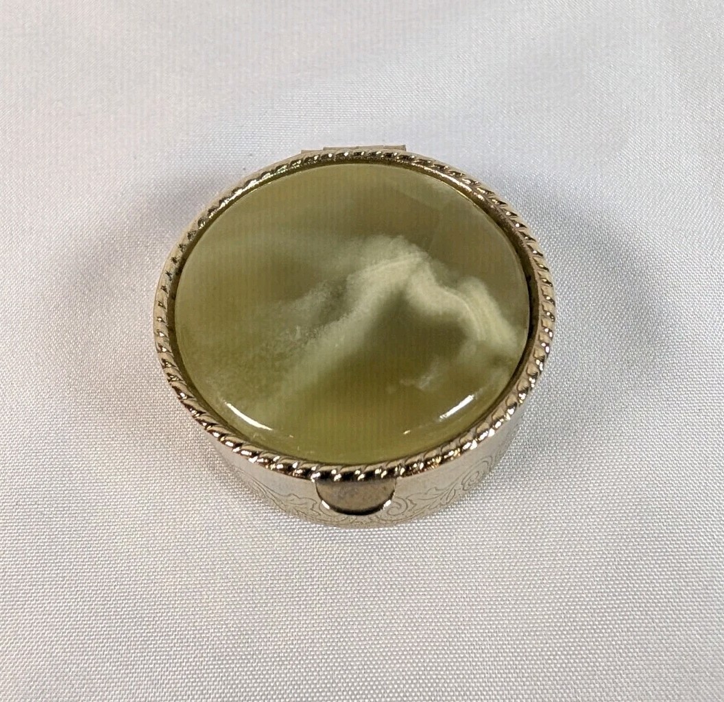 Natural Stone Moss Agate Gold Tone Scroll Flowers Leaves Round Trinket Box 1.25"