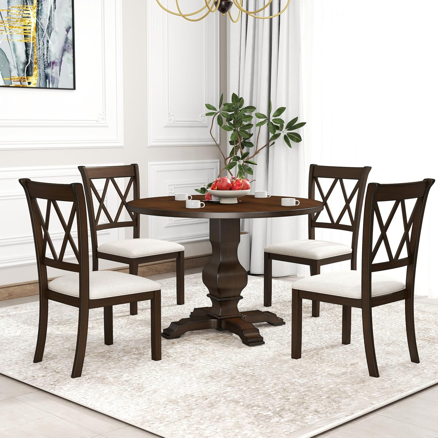 Havre 5-Piece Dining Set, Pedestal round Table with 4 Stylish Chairs, Espresso