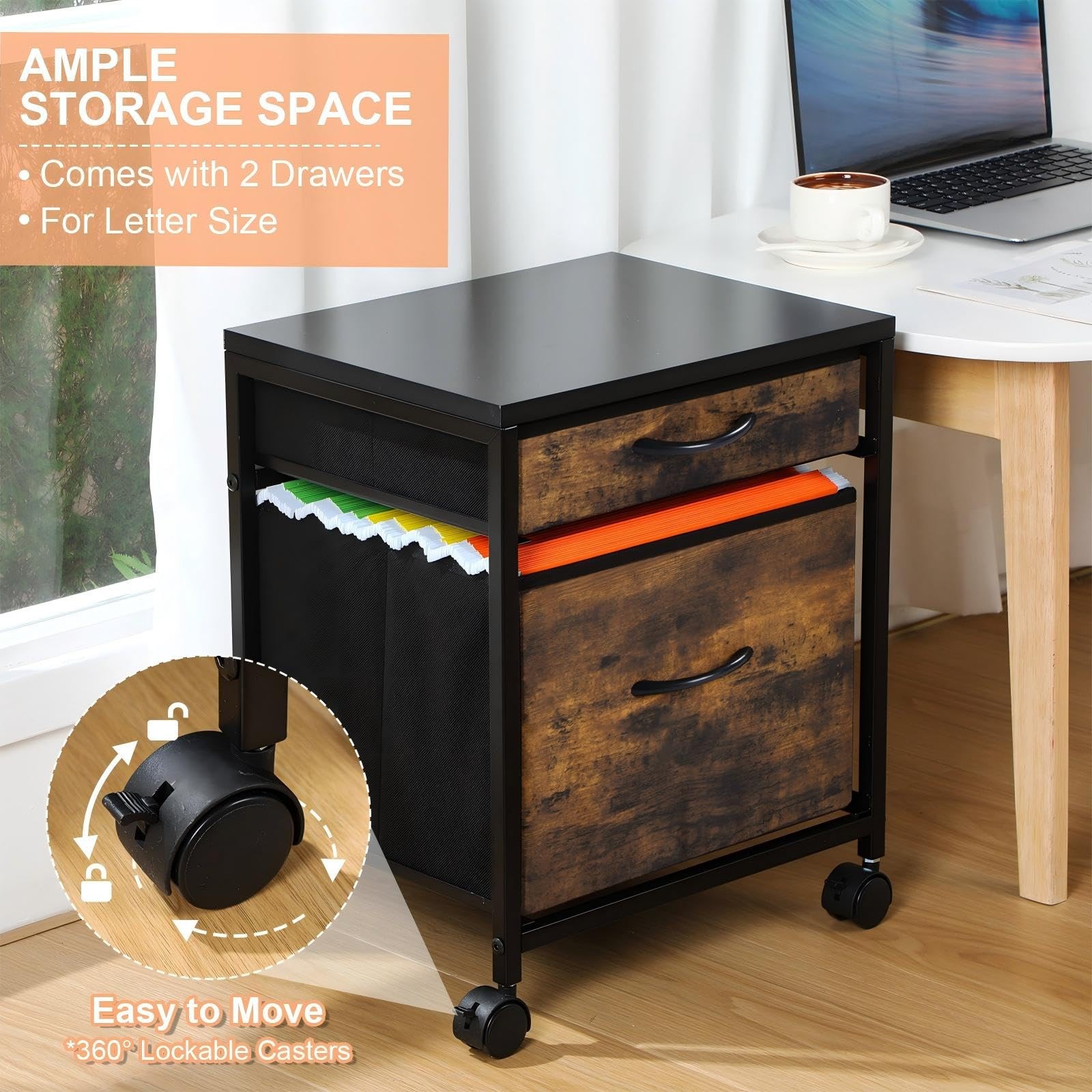 AceOrbit Rolling Mobile File 18.5" H × 14.96" W × 11.81" D, Rustic Brown