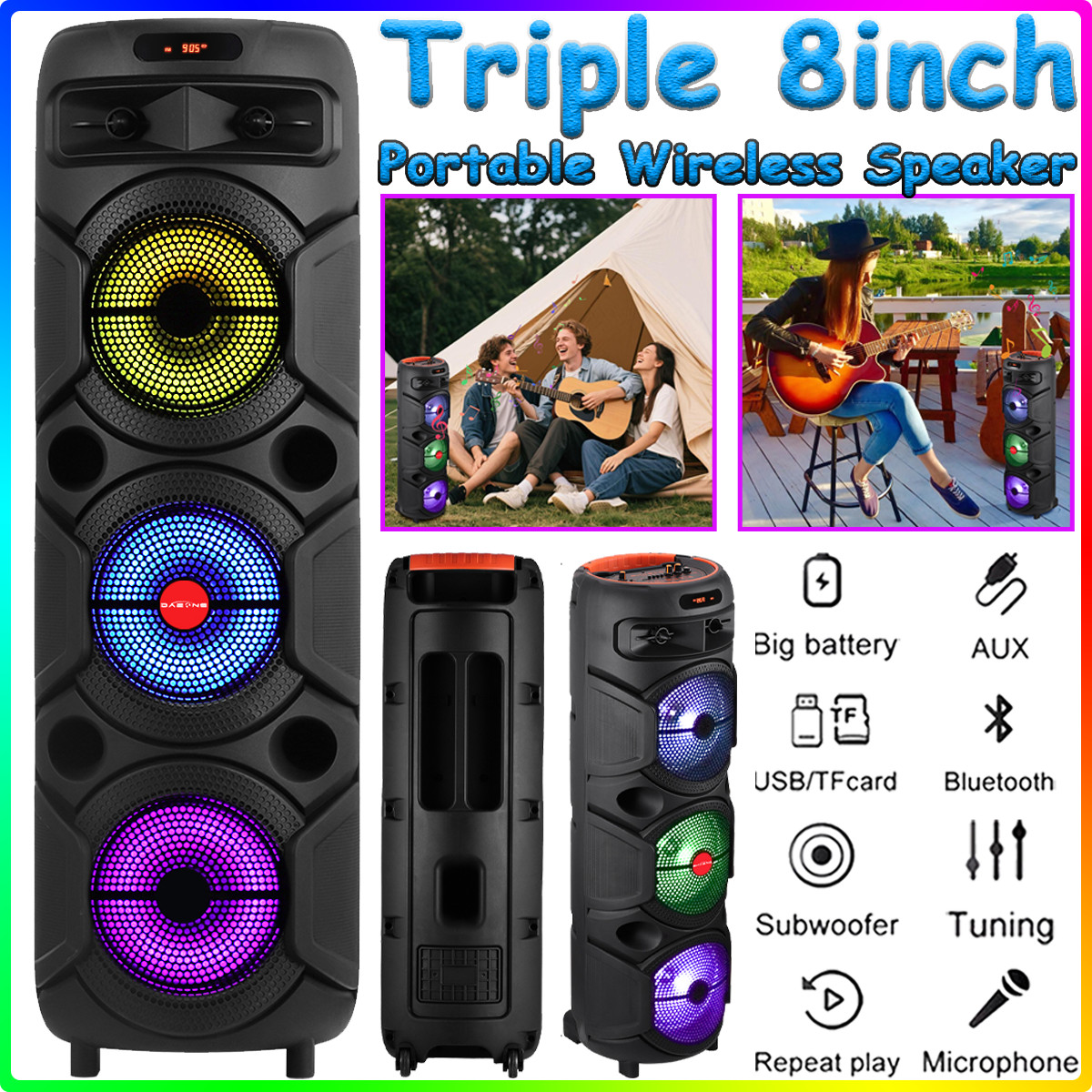 Portable Wireless Bluetooth Party Speaker 3x8" Woofers Heavy Bass Sound w/ Mic