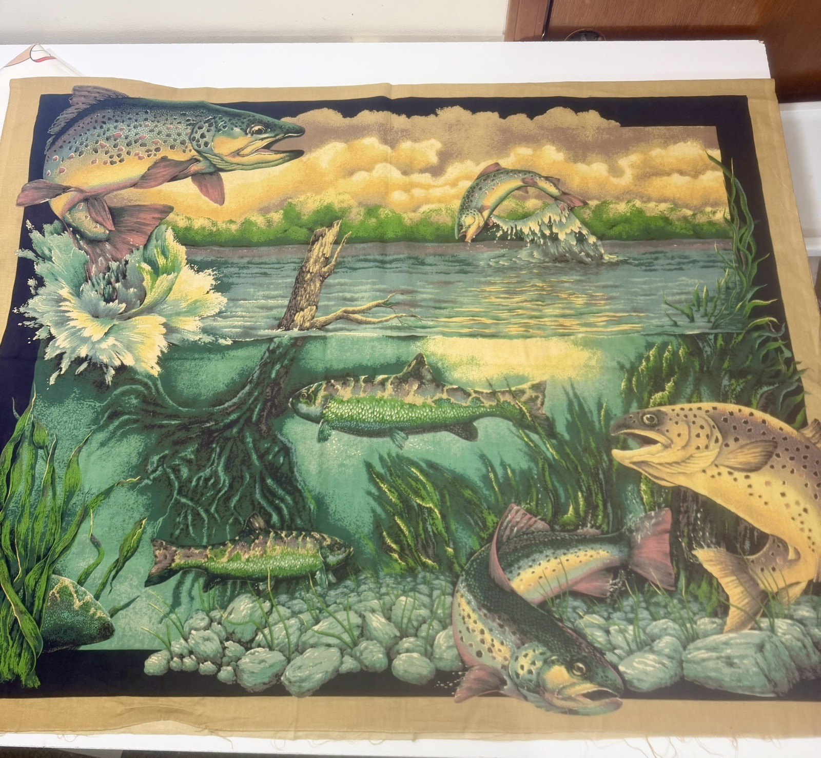 Vintage Fabric Quilt Panels Fish Spring Industries Trout 2 Panels 69x44”