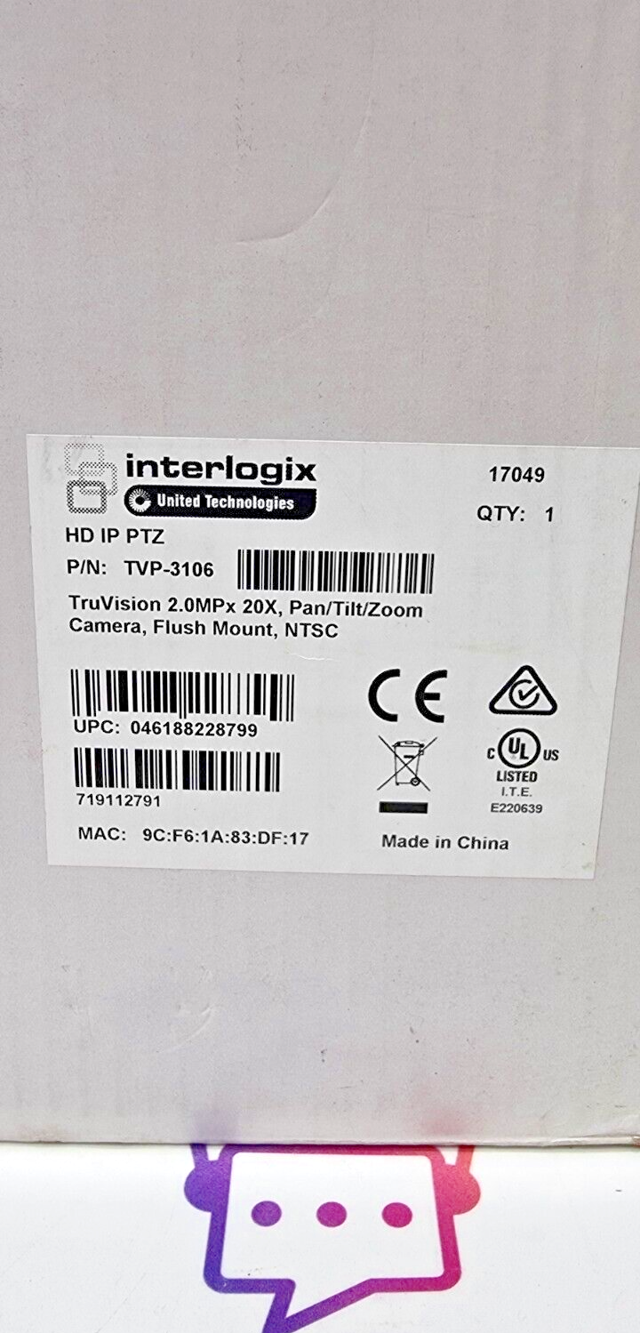 Interlogix TVP-3106 TruVision 2.0 MPX PTZ 20X Flush Mount Indoor Camera