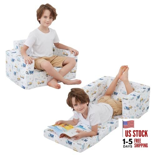 Toddler Chair 2-in-1 Kids Couch Bed Fold Out White Bottom Excavator
