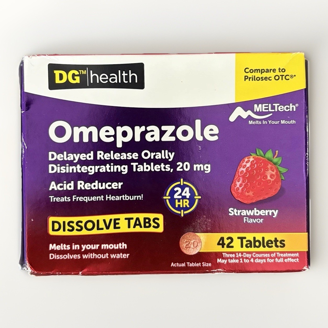 DG Health Omeprazole 20mg Acid Reducer 42 Tablets Dissolve Tabs Strawberry 3/26