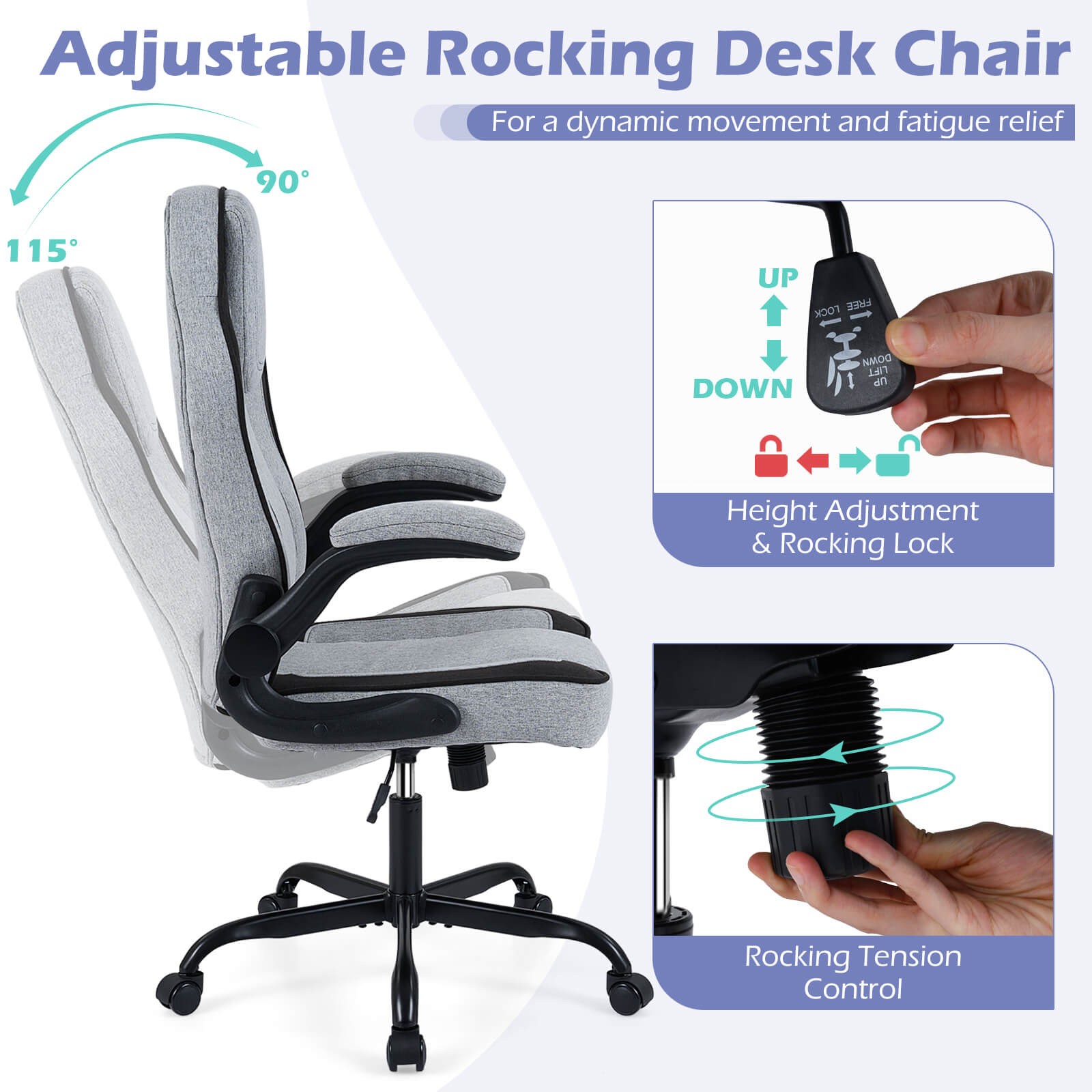Office Chair w/90° Flip-up Armrests, Adjustable Height & Rocking Function,Wheels