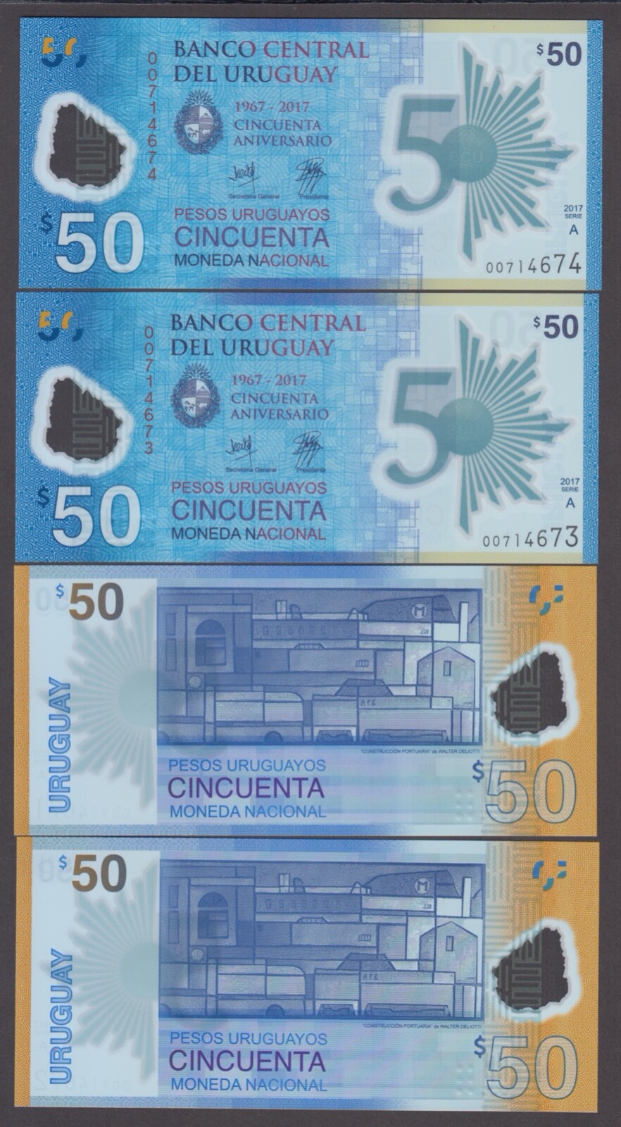 URUGUAY POLYMER 50 PESOS COMMEMORATIVE BANKNOTE  2016-17 UNC        2023