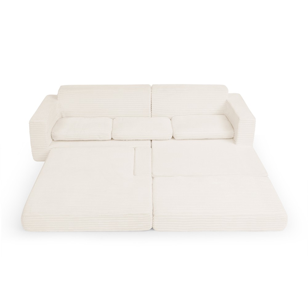 Modular Sectional Sofa w/ Queen Bed, L-Shape, Corduroy Fabric, Beige