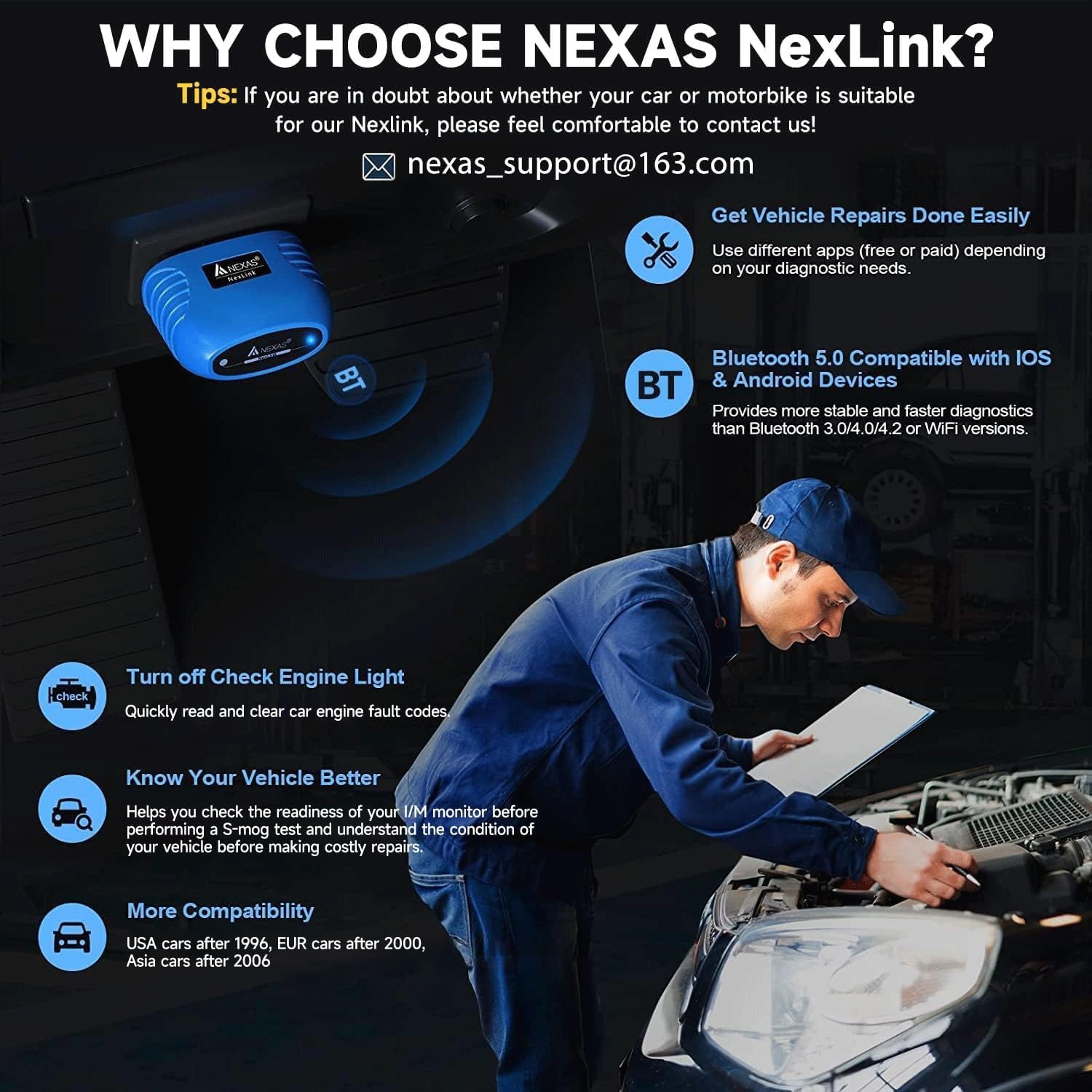 NEXAS NexLINK Bluetooth OBD2 Scanner for Car - Check Engine Light Code Reader