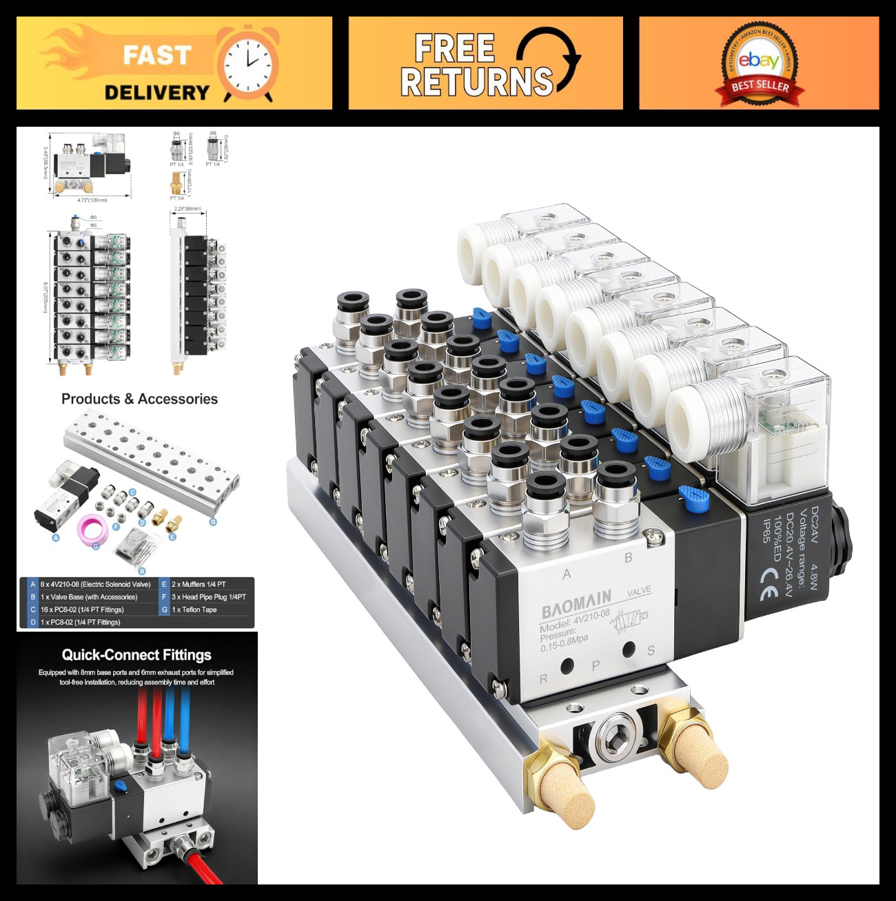 8 Station Solenoid Valve Manifold 24V DC 5 Way Pneumatic Air Valve, 1/4" PT Port