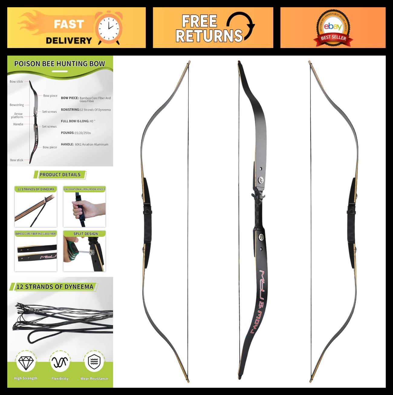 40" Traditional Hunting Bow for Teens - Archery Training, 15-25LB Draw Weight