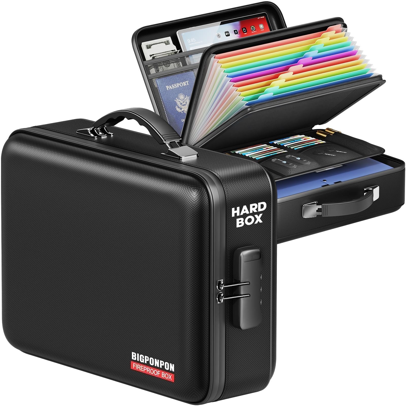BigPonPon Fireproof Document Box, Hard Case 15"*11"*5.3"(colorful), Black