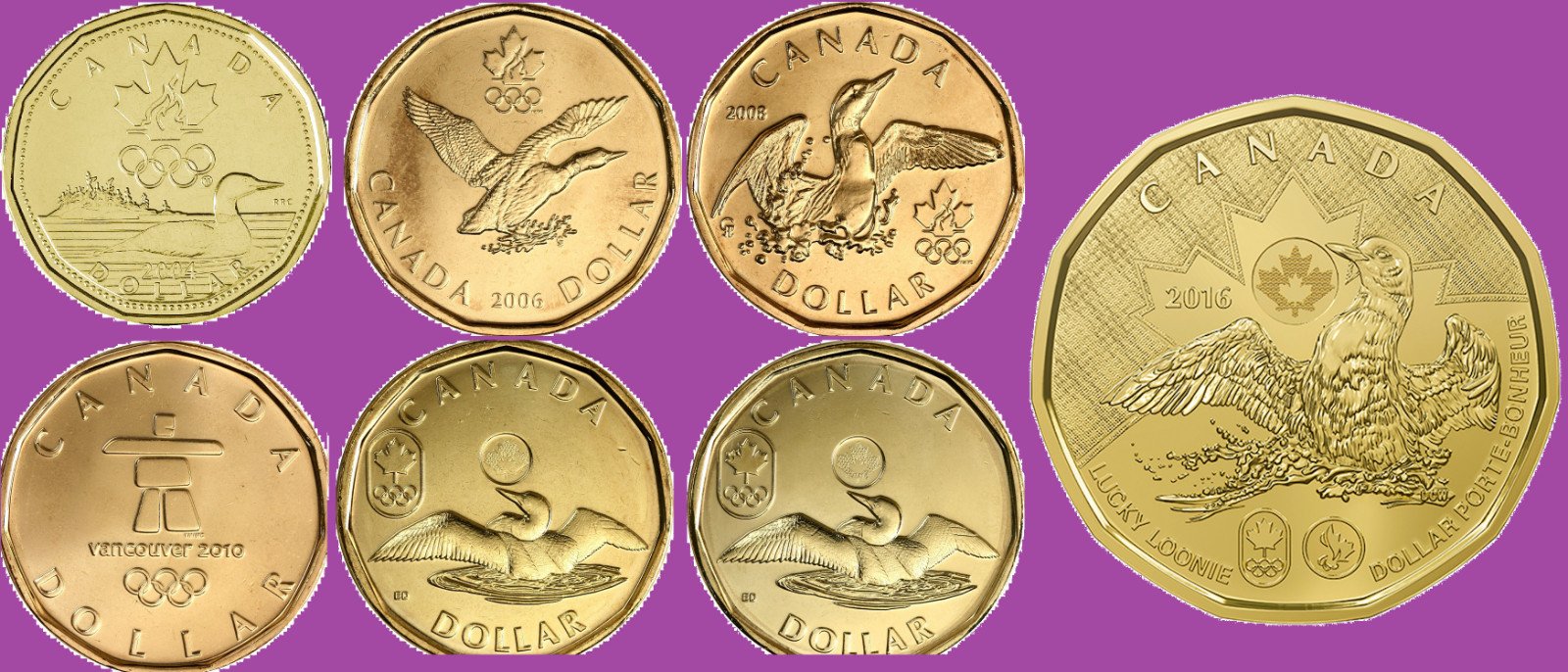 Complete Set 2004-2016 Seven Canada Olympic Lucky Loonie Coins Mint UNC $1 Loon