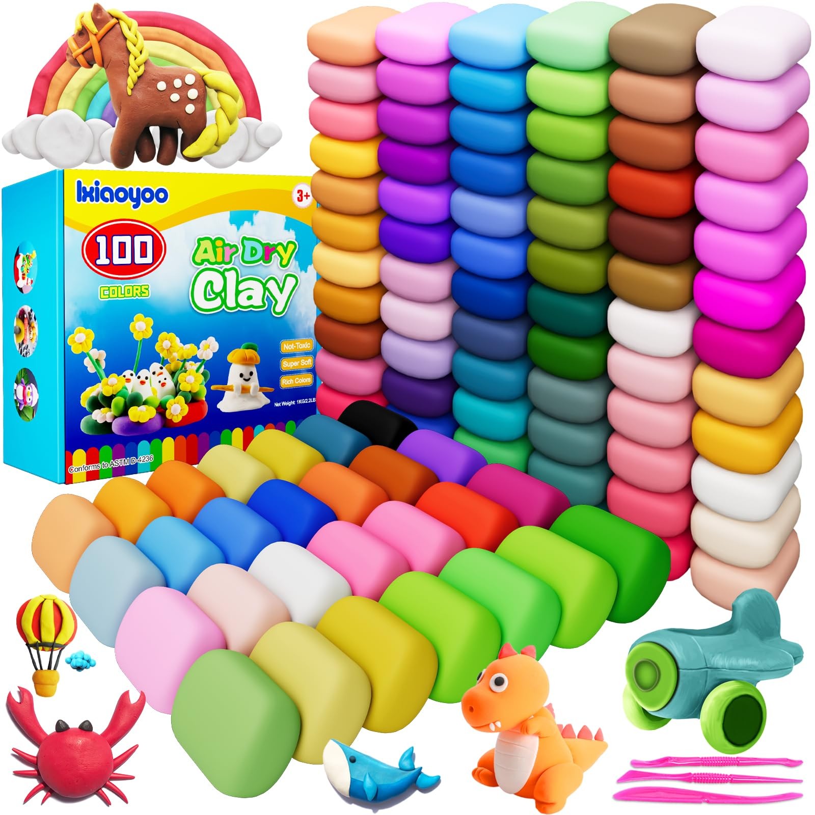 Ixiaoyoo Air Dry Clay, 100 Colors Modeling Clay for Kids, 100, 100