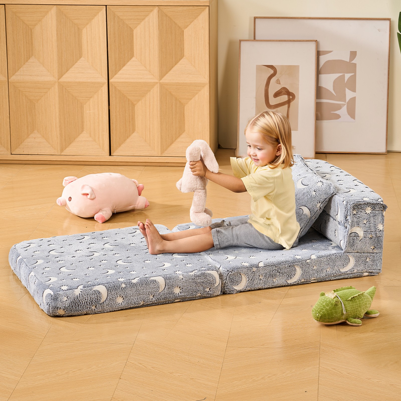VEVOR 3-in-1 Kids Sofa Foldable Toddler Couch Glow in the Dark Fabric M Gray