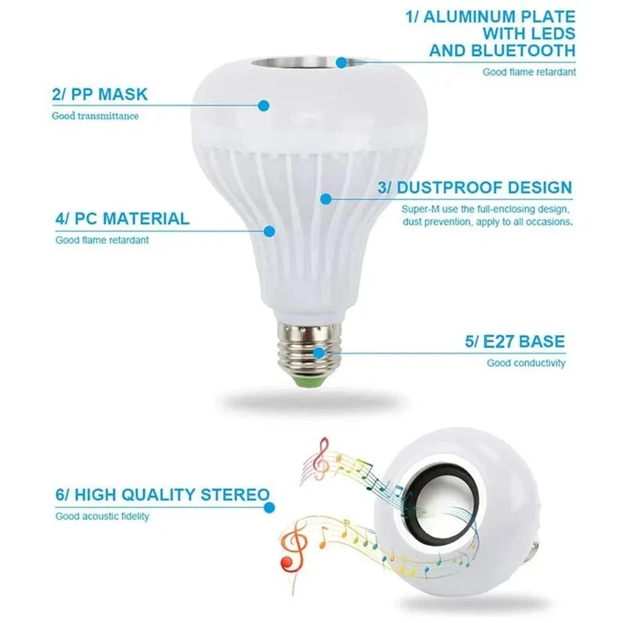Bluetooth Smart RGB Light Bulb with Speaker Remote control 12W E27 Free shipping