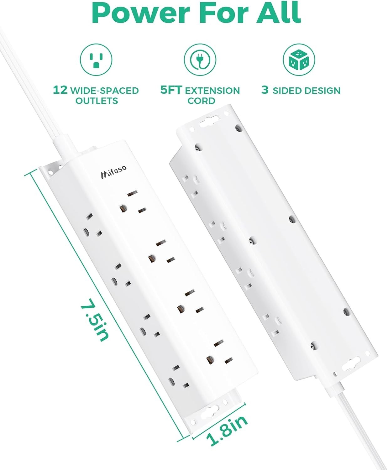 Compact 12-Outlet Surge Protector Power Strip with Flat Plug & Easy Wall Mount