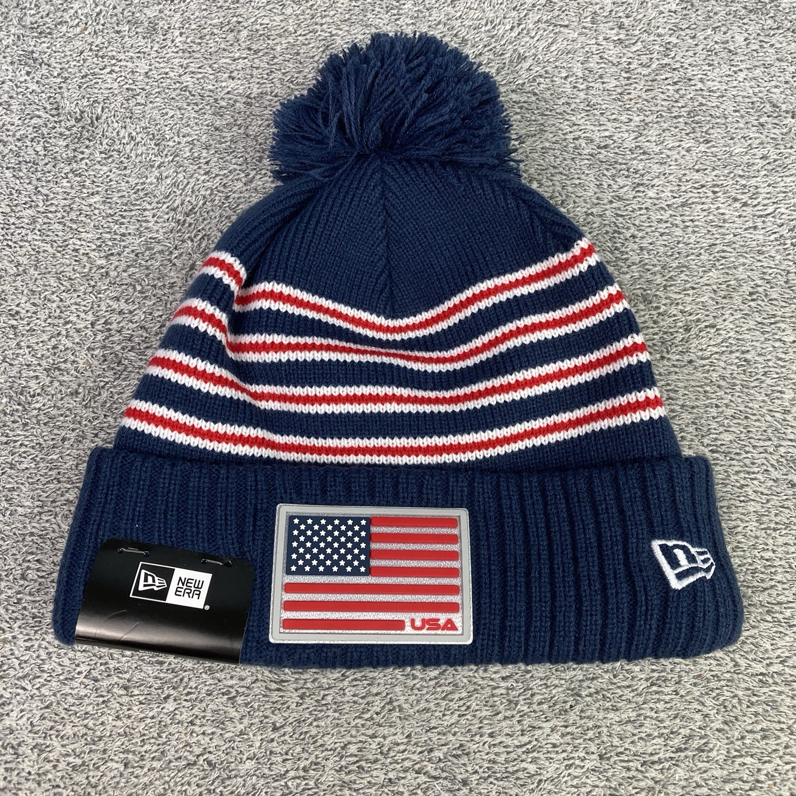 2025 Ryder Cup New Era USA Navy/Red Striped Winter Pom Beanie/Hat - New