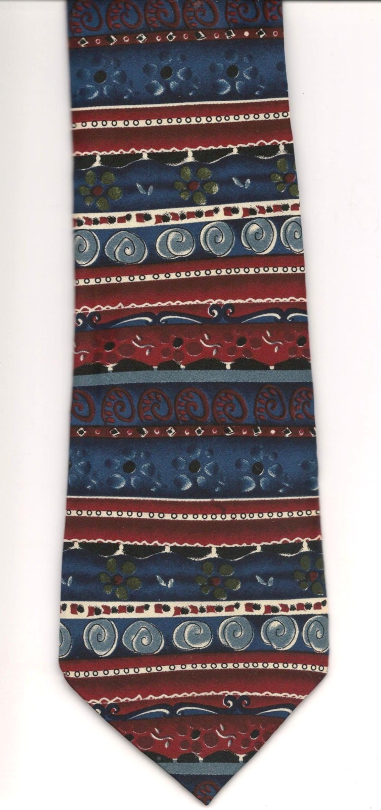 Tie, Hand Made J Garcia Maroon Beige Lt Blue White Dark Green Horizontal Snails