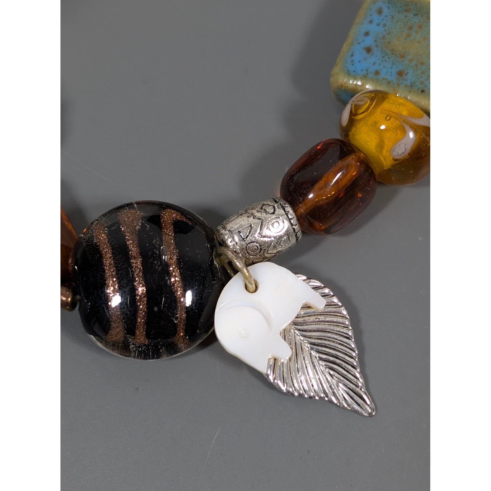 Elephant Charm Beaded Bracelet Art Glass Ceramic Shell Boho 7.5"