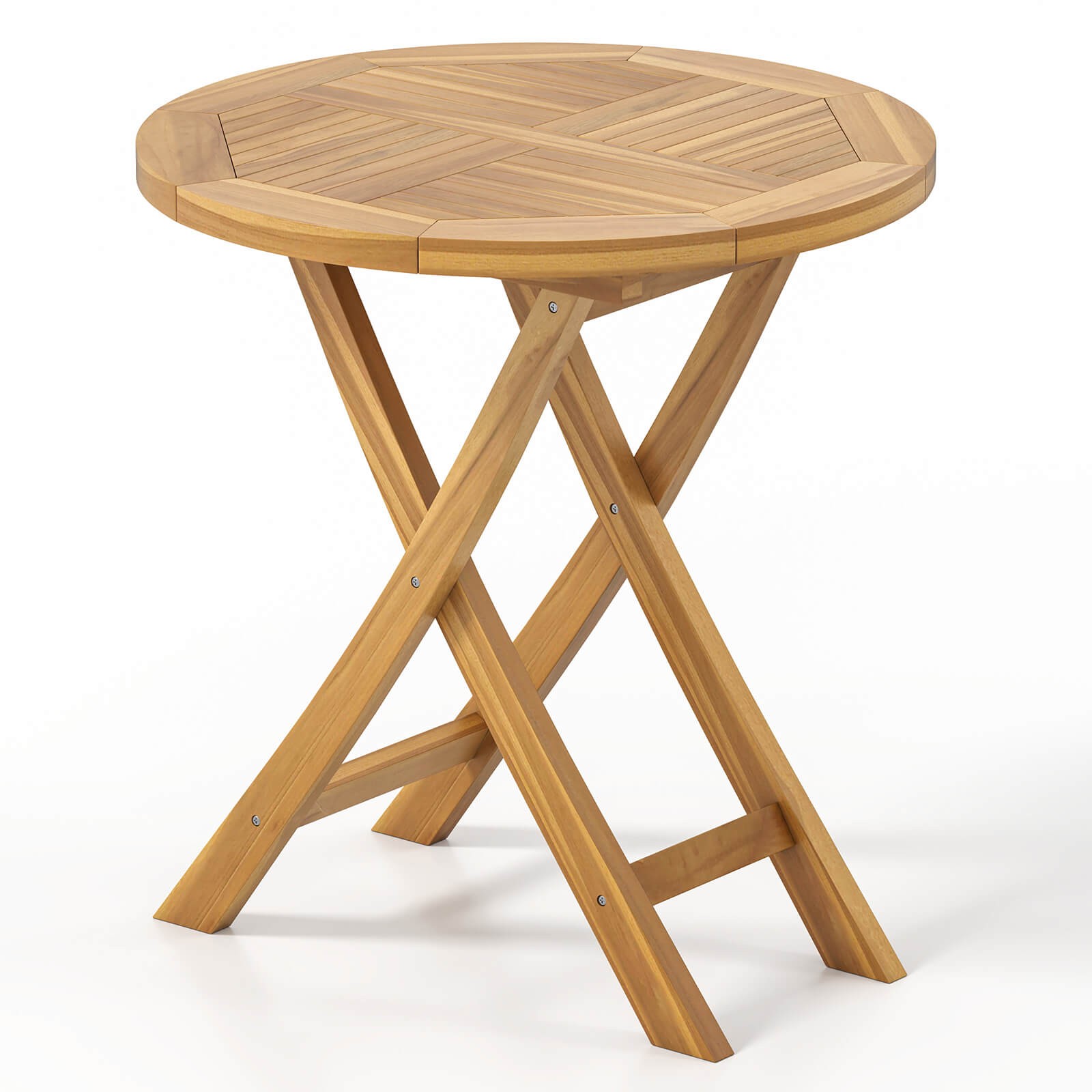 Patio Teak Wood Dining Table 27.5" Round Side Table with Slatted Tabletop