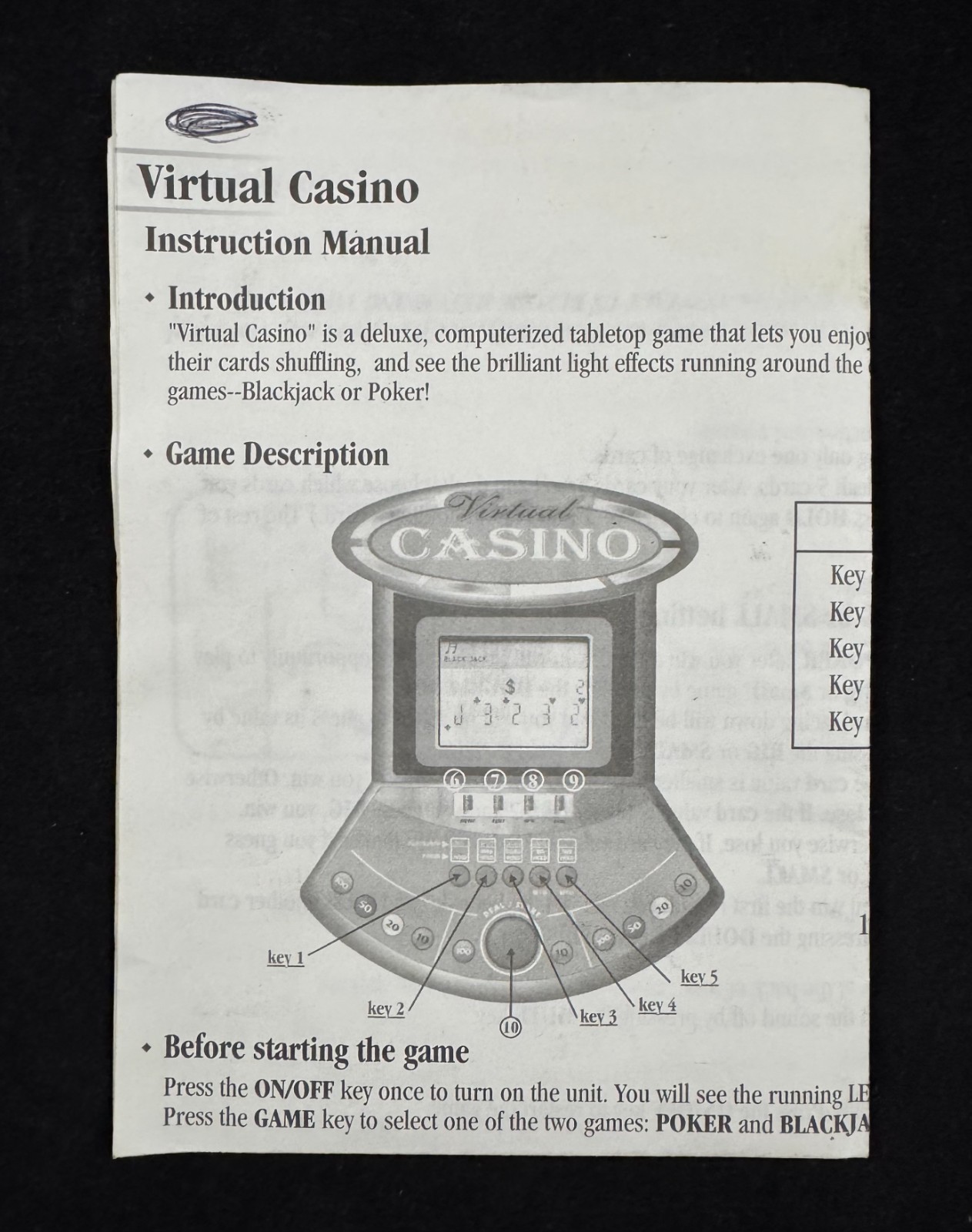 Vintage Virtual Casino Model No. VR02 Instruction Manual