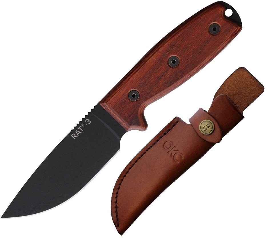 Ontario RAT 3 Fixed Knife 4" Black High Carbon Steel Full Tang Blade Wood Handle
