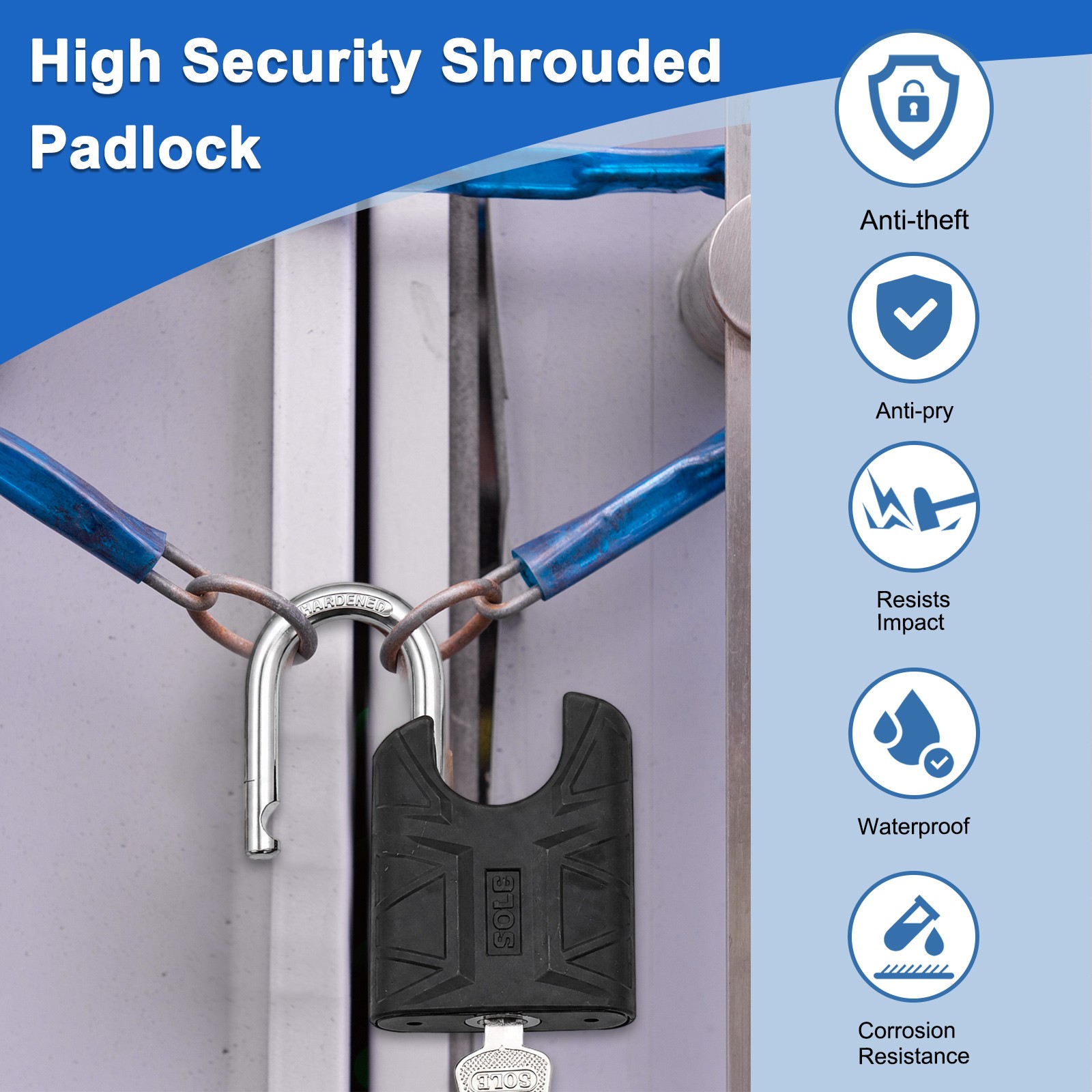 High Security Solid Steel Padlock with Key, Black (2 Inch)