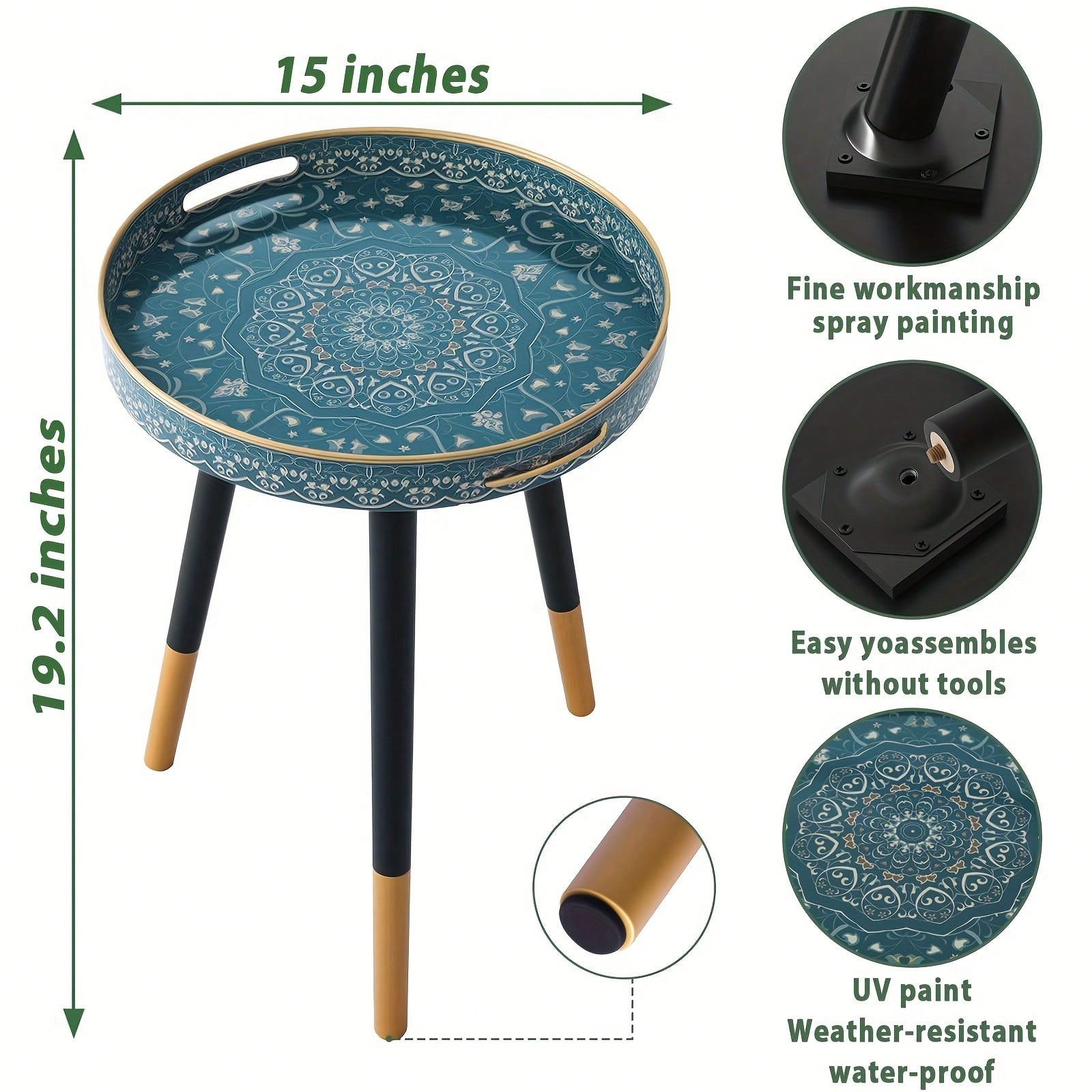 15-Inch Bohemian Round Side Table Plastic Frame Triangle Legs Dark Green
