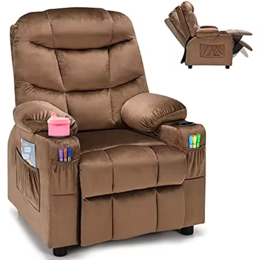 Kids Recliner Chair with Cup Holder, Adjustable Velvet Lounge Chair Footrest.