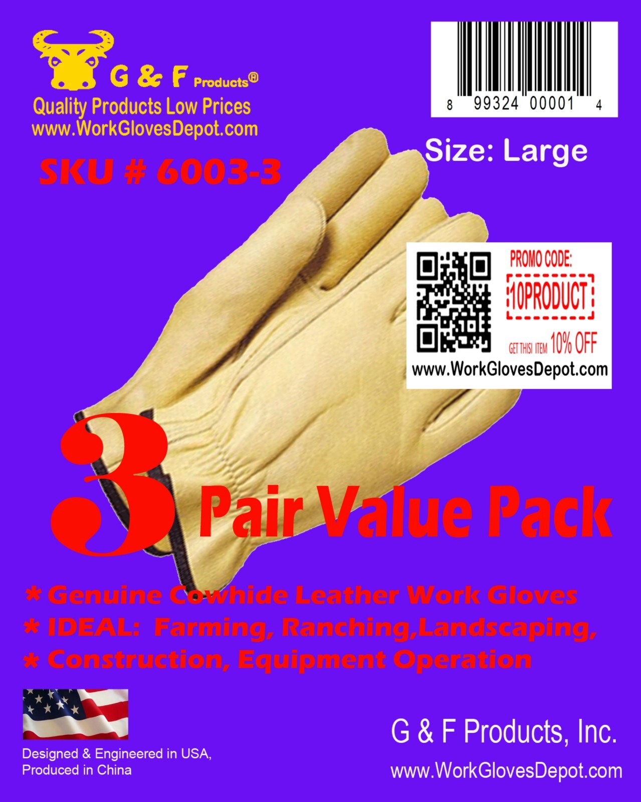 G & F 6003-3 Premium Genuine Grain Cowhide Leather Gloves, 3-Pair Pack