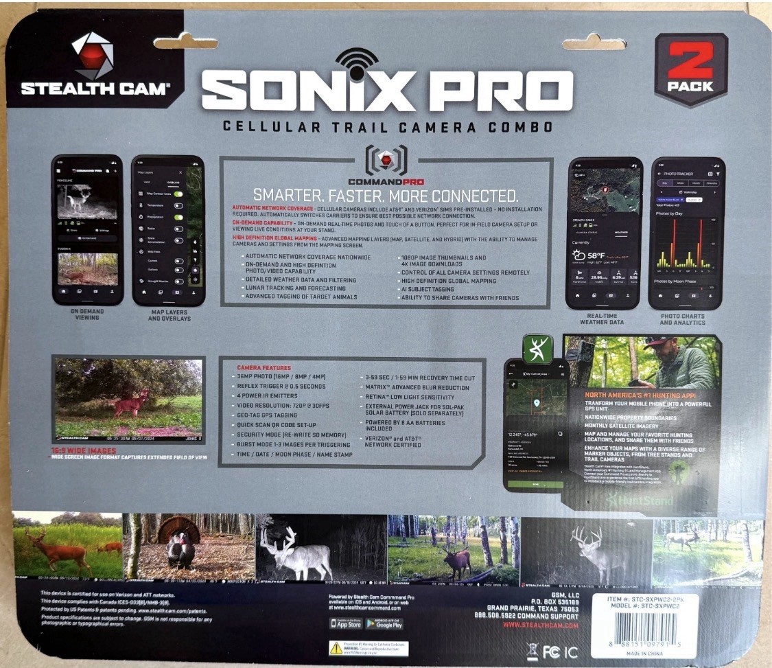 Trail Camera Stealth 2 Pk Sonix Pro 36 MP Cellular Dual Sim 80 ft. Range 32GB SD