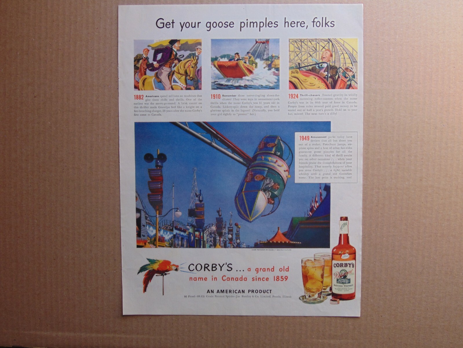 1949 CORBY'S WHISKEY PARROT AMUSEMENT PARK RIDES  print ad