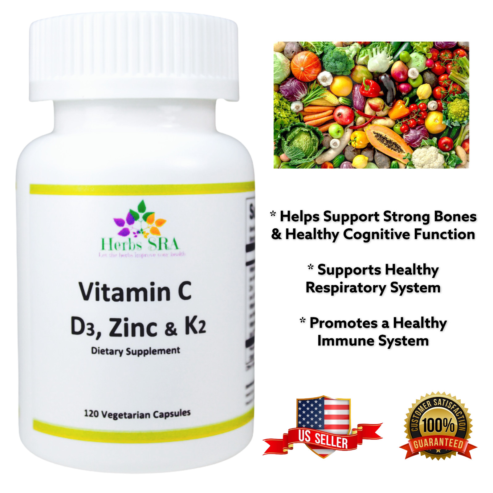 BODY PROTECTION, VITAMINS C, D3 5000 IU, K2, Zn, 120 Capsules, High Absorption.
