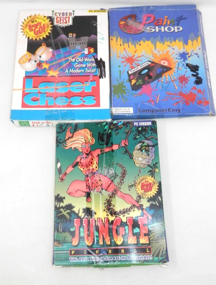 Lot Vintage PC Software - Laser Chess Jungle Pinball Paint Shop 3.5" IBM Tandy
