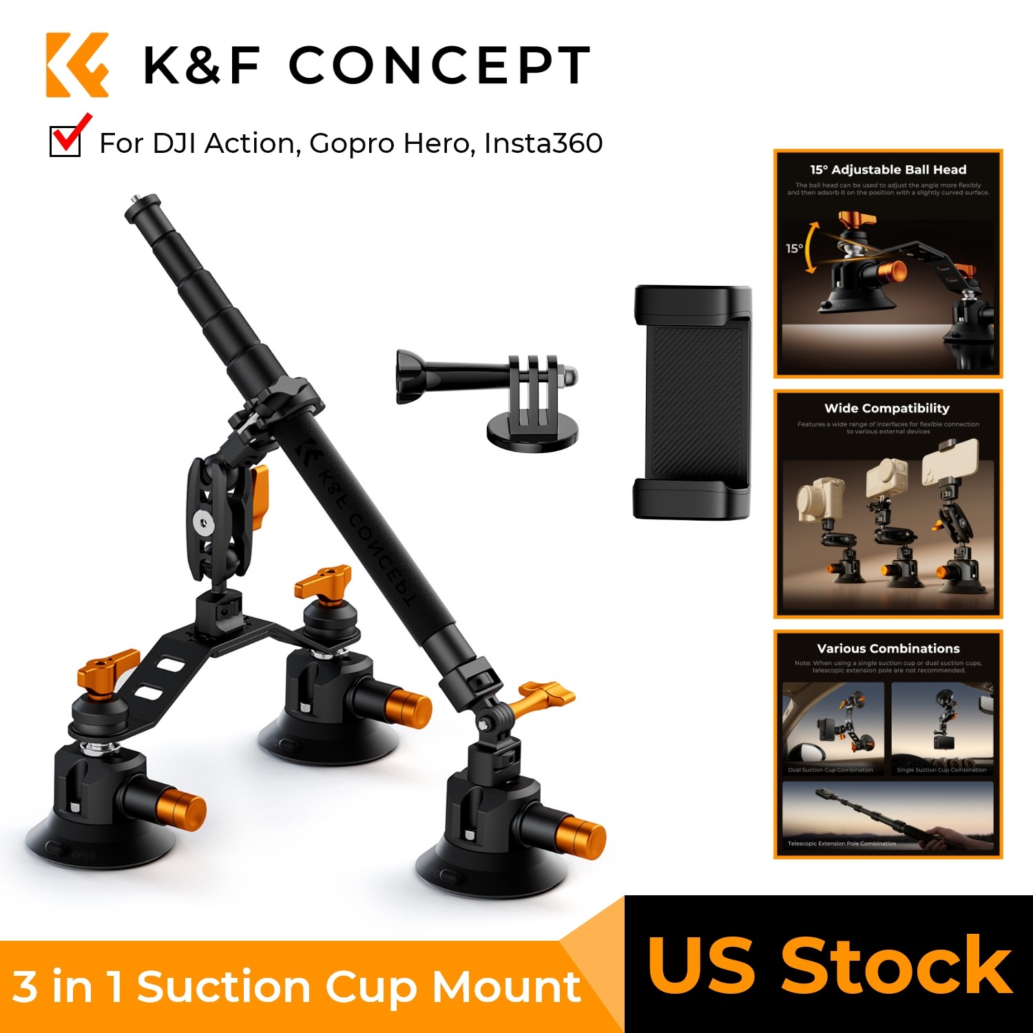 K&F CONCEPT Car Mount Camera Suction Cup Mount Kit fr GoPro Insta360 DJI Action
