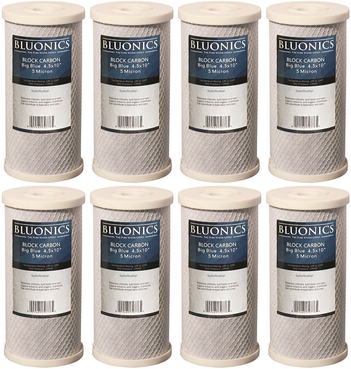 Bluonics CTO Carbon Block Replacement Water Filters 8 Pack 4.5" x 10" Cartridges